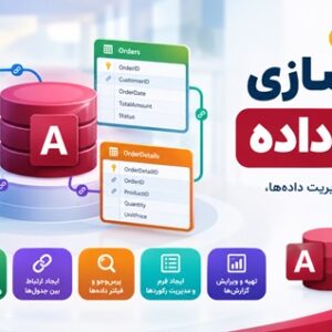 کاور آموزشی پودمان اول پیاده‌سازی پایگاه داده با تمرکز بر طراحی جدول‌ها، ارتباط بین داده‌ها، پرس‌وجو و گزارش‌گیری در Access